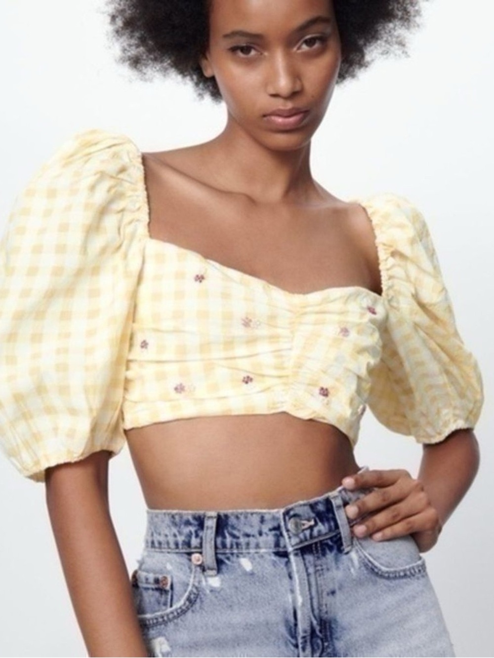 Zara Yellow Gingham Plaid Floral Beaded Puff Sleeves Open Back Crop Top XS